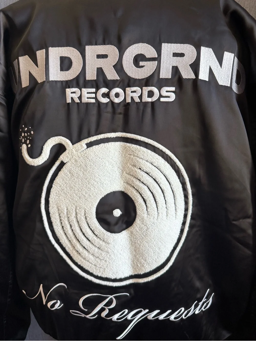 PacSun Black Satin 'UNDRGRND Records' Bomber Jacket with White Embroidery
